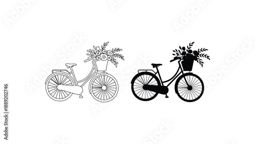 Three bicycles with flowers in their baskets in different colors and styles