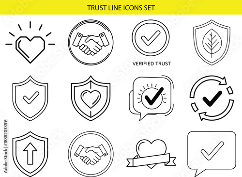 Verified trust and business partnership line icons with heart and shields