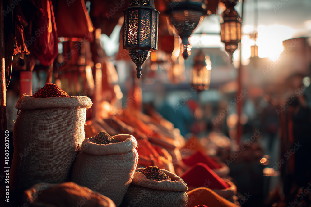 Naklejka premium Brightly Lit Spice Market with Traditional Baskets and Bags Ready for Sale