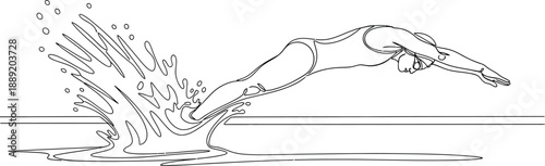 Dynamic female swimmer dives into the water with a powerful and energetic splash during a swimming competition event.