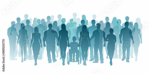 Blurred silhouettes of a large crowd of people walking together