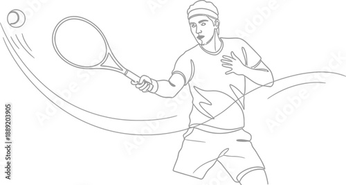 Tennis player in action hits a tennis ball with a racket during a match or practice session outside