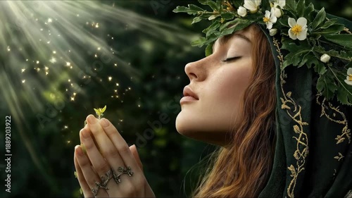 Ethereal maiden honors the spring equinox, receiving radiant golden light for nature's blossoming and precious new life amidst a tranquil, sacred verdant forest