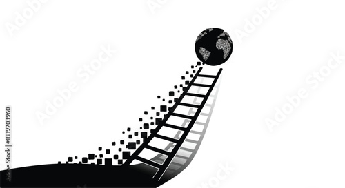 Globe rolling down a ladder with pixels trailing behind