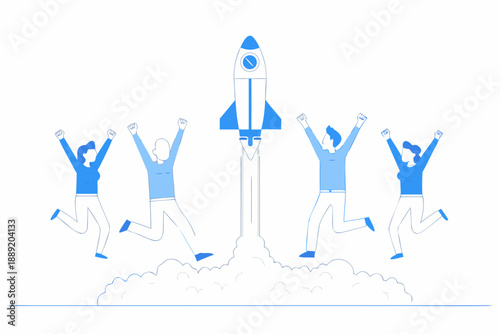 Team celebrates a successful rocket launch with joyful gestures