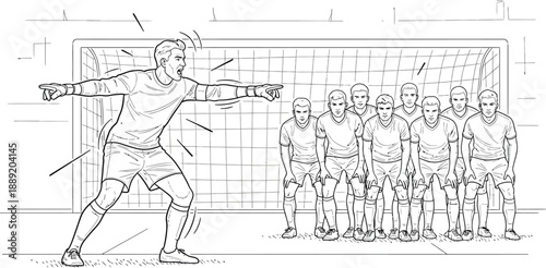 Determined soccer goalkeeper instructs teammates on defensive strategy during a crucial penalty kick situation