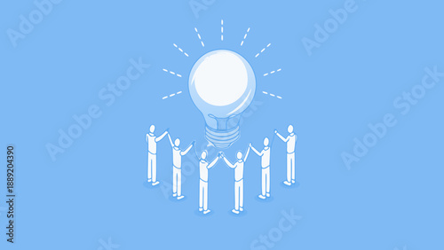 A group of people supporting and lifting a glowing light bulb