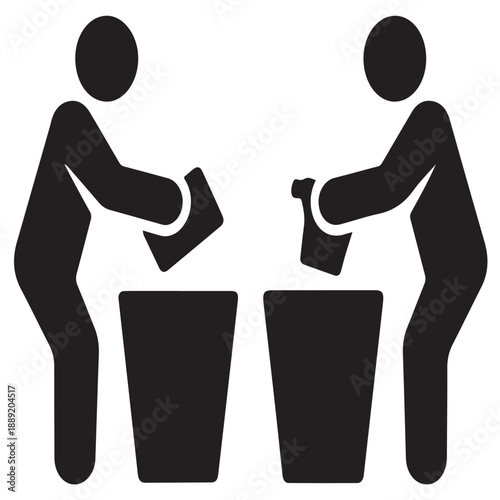 Recycling or trash disposal pictogram shows two stylized people dropping waste into separate bins promoting clean environment and responsible sorting practices