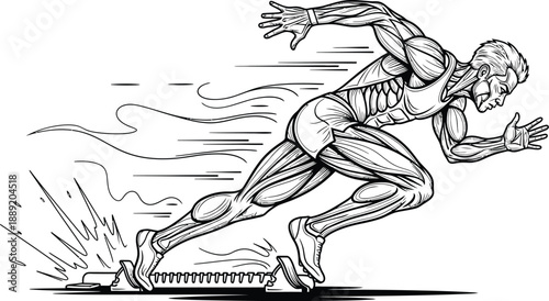 Detailed illustration of a muscular man sprinting forward showcasing human anatomy in a dynamic running position