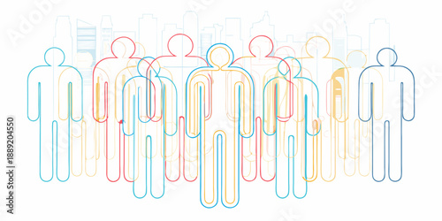 Abstract figures of people overlaid on a city skyline background