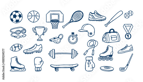 Hand drawn sports equipment doodle icon set with balls, shoes, trophy, fitness gear and training accessories in vector style