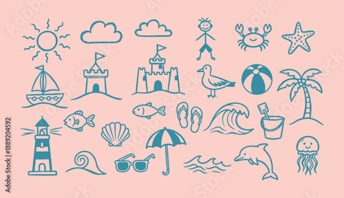 Cute hand drawn summer beach doodle icon set with sea, sandcastle, fish, palm tree and holiday elements for kids design