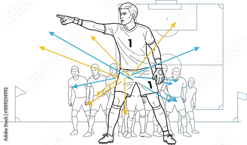 Soccer team captain giving strategic instructions to teammates during a tactical team discussion on the field together