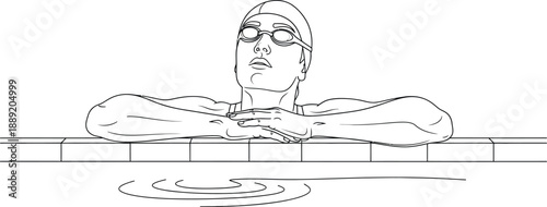Male swimmer resting on the edge of a swimming pool with goggles and cap