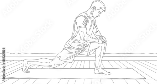 Man performing lunge stretch on a yoga mat in a peaceful indoor setting with proper posture and technique