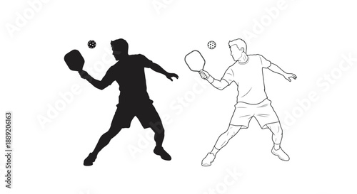 Pickleball players in action a contrasting silhouette and line drawing
