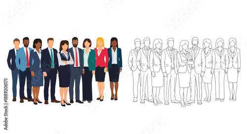Diverse group of business professionals shown in color and outline versions