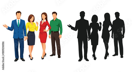 Diverse group of business people depicted in color and as silhouettes