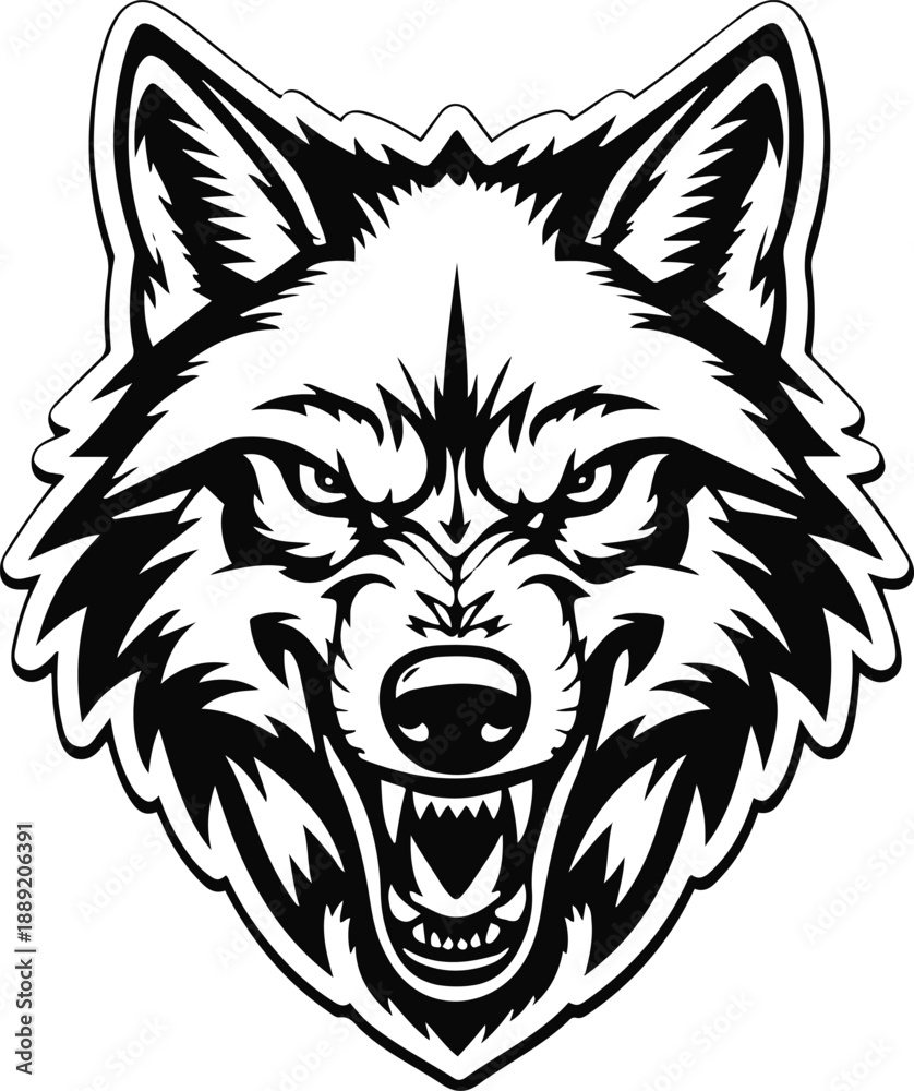 Fototapeta premium Black and white vector illustration of a wolf head sticker logo, sharp aggressive line art, solid black outline, flat design, isolated on white background, stock vector