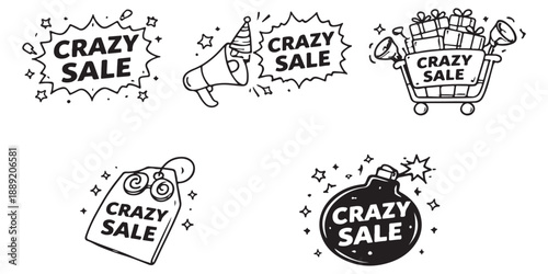 Crazy Sale Stickers and Icons for Promotions and Discounts
