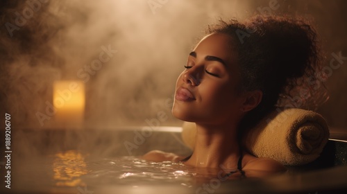 Steam spa moment with candle and towel. Ideal for wellness, stress relief, and self-care visuals.


