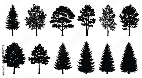 Collection of various tree silhouettes in a simple black and white design