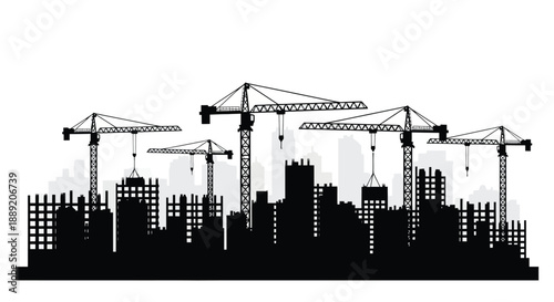 Black silhouette of city skyline with multiple construction cranes