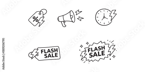 Set of hand-drawn icons representing sales, discounts, and promotions