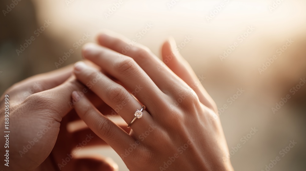 Fototapeta premium Photorealistic close-up of two hands gently touching, with engagement ring softly sparkling in sunlight. Ideal for love, jewelry, and wedding visuals.