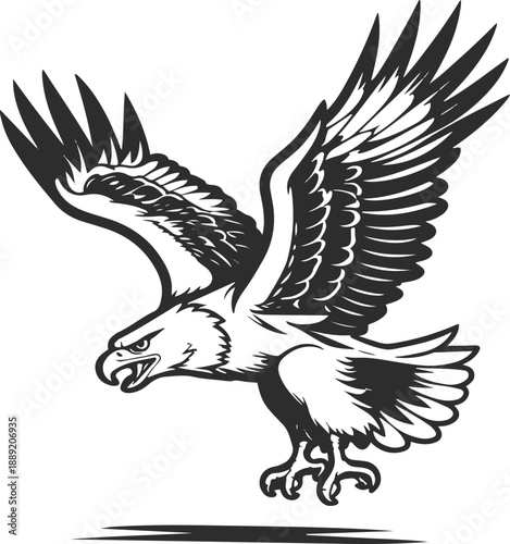 Black and white vector illustration of a flying eagle sticker logo, clean detailed line art, solid black outline, flat design, pure black and white, isolated on white background, stock vector 2