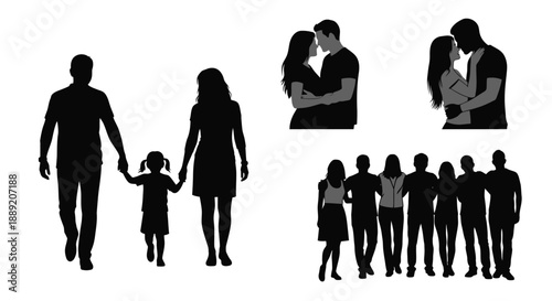 Silhouettes of families couples with children and larger groups depicted