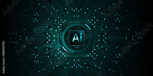 Abstract digital circuit board background with a central ai logo display