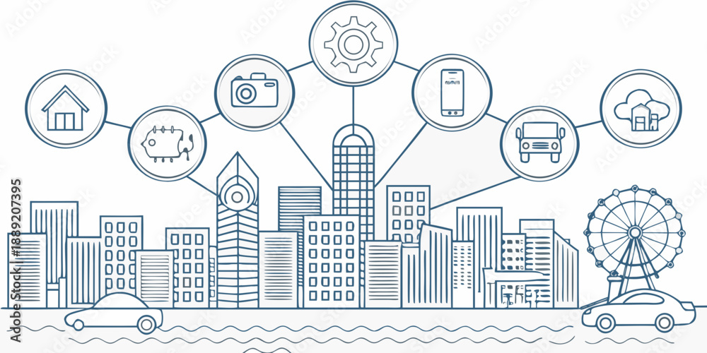 Fototapeta premium Smart city concept illustration with interconnected icons and a skyline