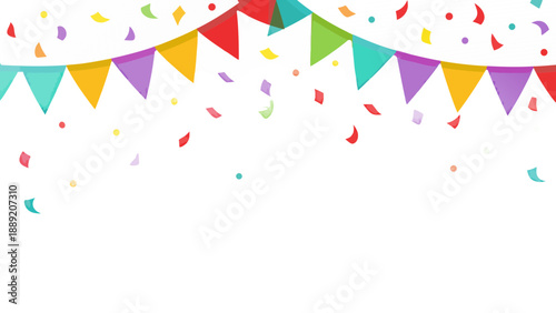 Colorful party bunting and confetti falling against a black background