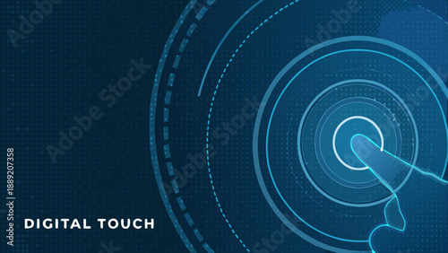 Abstract digital background with concentric circles and a pointing hand