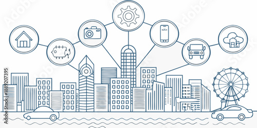 Smart city concept illustration with interconnected icons and a skyline
