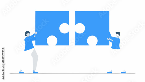 Two people connecting a large blue puzzle piece symbolizing teamwork