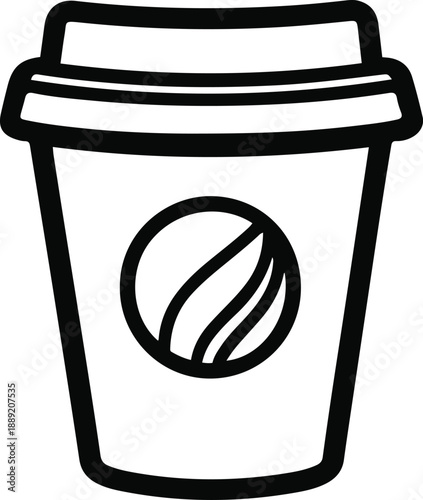 Black and white vector illustration of a minimal coffee cup sticker logo, clean sharp line art, solid black outline flat design, pure black and white, no shadows or gradients isolated on white backg