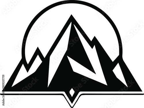 Black and white vector illustration of a mountain badge sticker logo, sharp geometric line art, solid black outline, flat minimalist design, pure black and white, isolated on white background, stock 