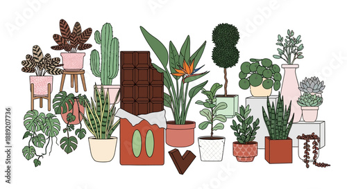 Assorted potted plants and flowers arranged on stands and shelves in a vibrant indoor garden setting from a straightforward viewpoint
