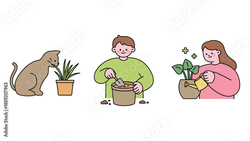 A cartoon illustration of people planting and caring for houseplants with a cat