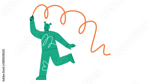 A playful cartoon character jumping with a vibrant orange jump rope