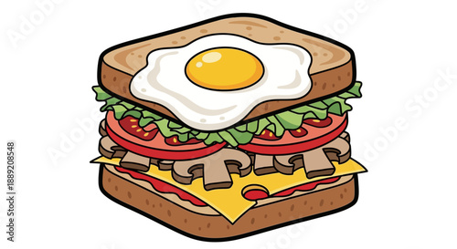 A delicious sandwich with egg, meat, and cheese on whole grain bread, viewed from directly above.