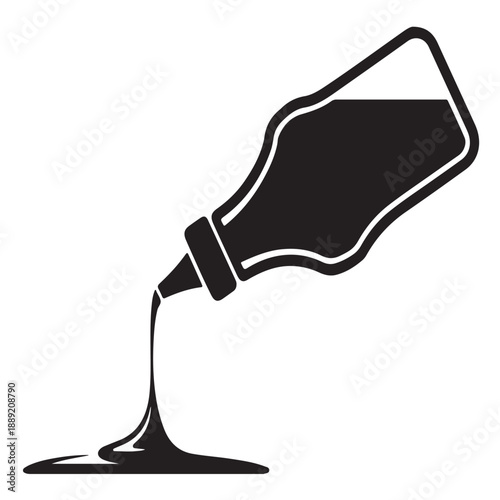 Sauce bottle tilted sideways vector silhouette dispensing thick liquid condiment onto surface creating small puddle below