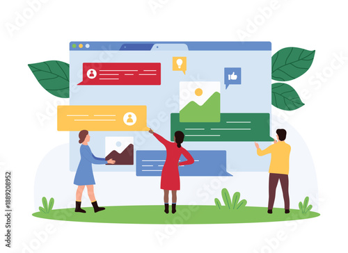 Responsive social media UI, chat messenger design development. Tiny people hold speech bubbles of SMS and pictures to put in dialog box and develop interface of mobile app cartoon vector illustration