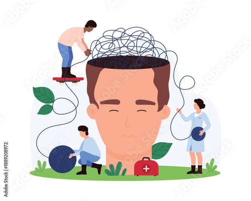 Group of medics works on a large head with tangled yarn inside, symbolizing mental health treatment. Surrounding elements include a first aid kit and landscape vector illustration