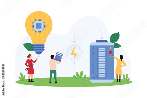 Workers explore innovative energy solutions with a large lightbulb, battery, and circuit. Adjusts controls, focusing on advanced energy technology vector illustration