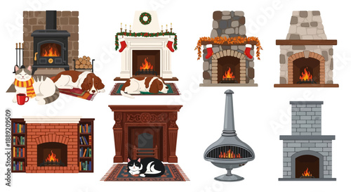 Collection of various cartoon fireplaces and heaters in different styles and environments, showcasing warmth and coziness, vector illustration