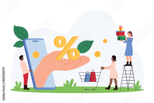 Offer of bonus and discount in retail store, loyalty program. Big hand giving percentage sign to tiny customers, people holding shopping cart for purchases and gift boxes cartoon vector illustration