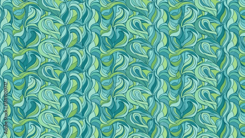 Vibrant swirling patterns of blue and green hues in an abstract design from a close-up viewpoint